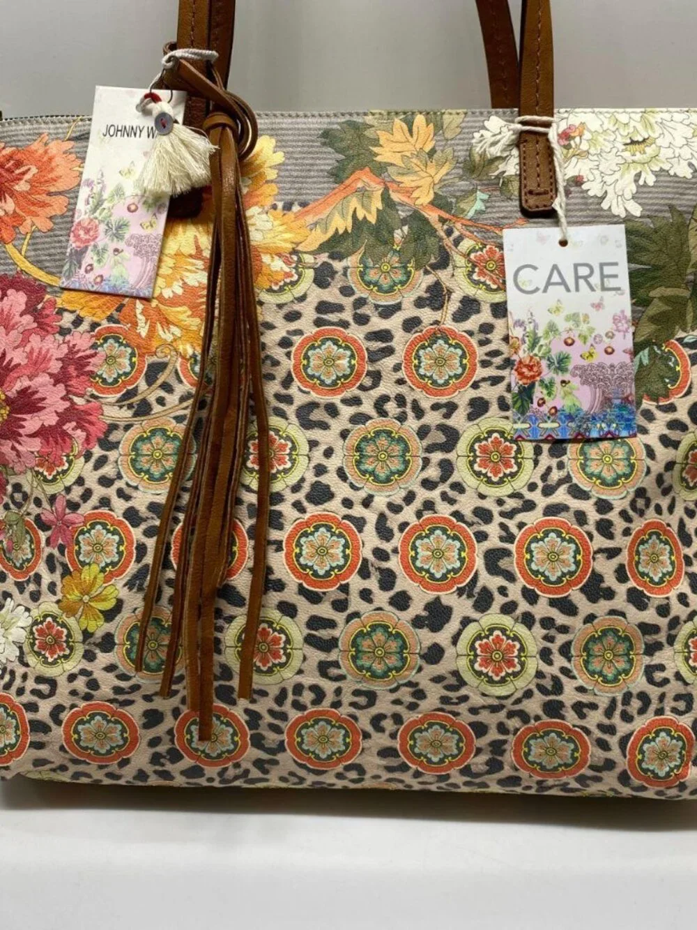 Johnny Was Leather Floral Taylor Leopard Shopping Tote Bag NWT